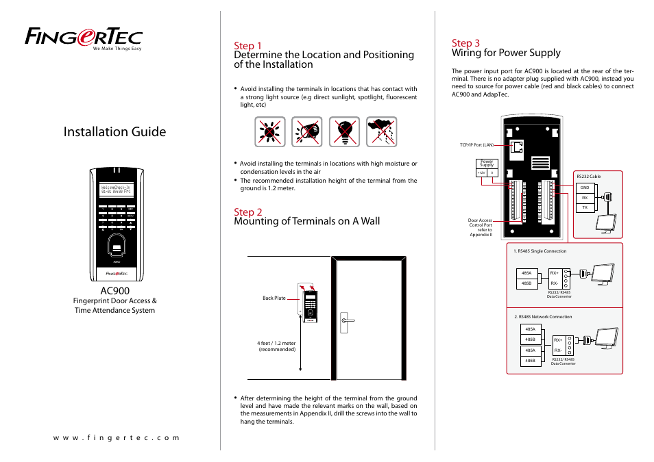 FingerTec AC900 Installation Guide User Manual | 3 pages