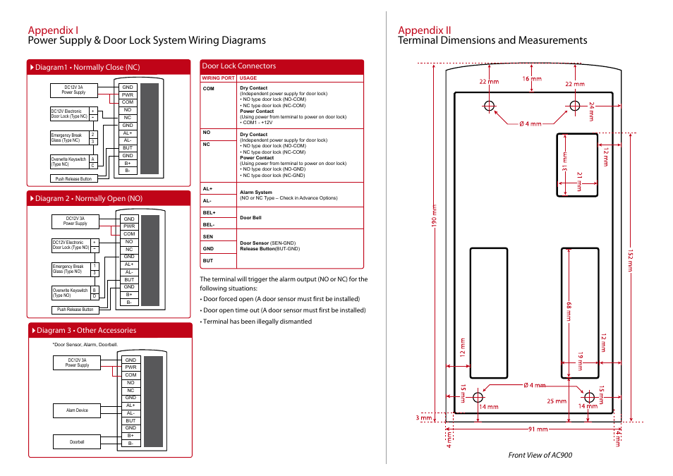 Door lock connectors, Front view of ac900 | FingerTec AC900 Installation Guide User Manual | Page 3 / 3