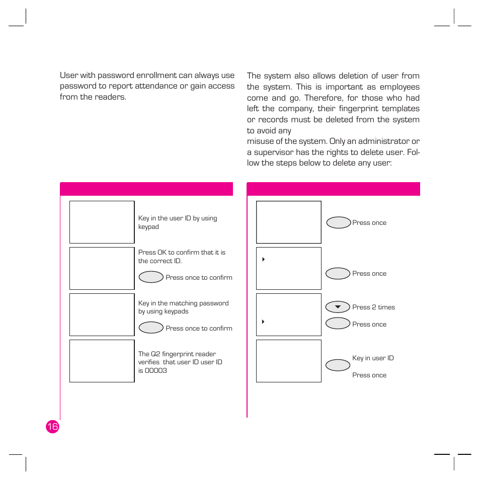 Password verifi cation, Deleting users | FingerTec Q2 User Manual | Page 17 / 49