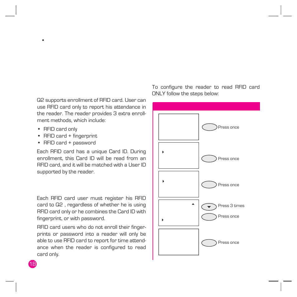 Rfid card function on q2 model, Hardware 18 enrollment of rfid card in q2, Rfid card only | Rfid card + fingerprint, Rfid card + password, Verification of rfid card in q2, Iptime software, Fingerprint management, Download of rfid card users from reader, Update of rfid card users to reader | FingerTec Q2 User Manual | Page 19 / 49