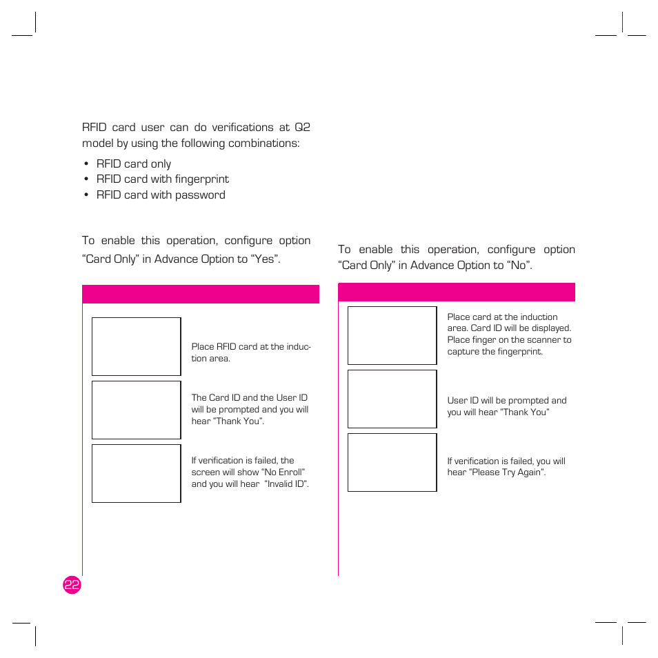 Verifi cation with rfid card in q2 model | FingerTec Q2 User Manual | Page 23 / 49