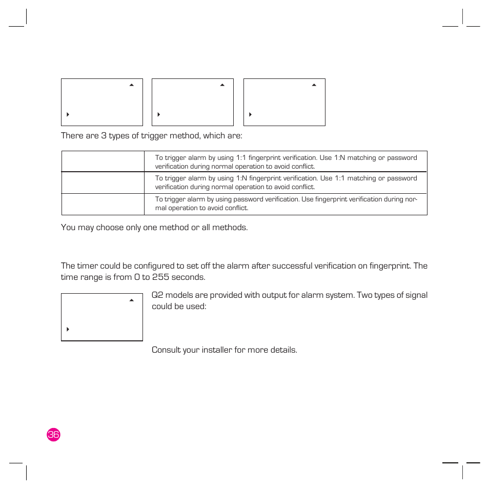 Trigger method, Alarm delay | FingerTec Q2 User Manual | Page 37 / 49