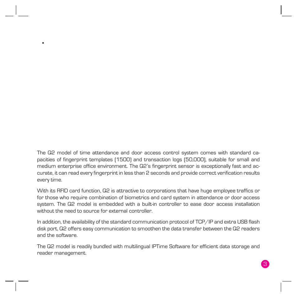Getting started, Introduction to q2 fingerprint reader, Complete package of q2 model | Materials provided with q2 model, Basic features of q2 model | FingerTec Q2 User Manual | Page 4 / 49