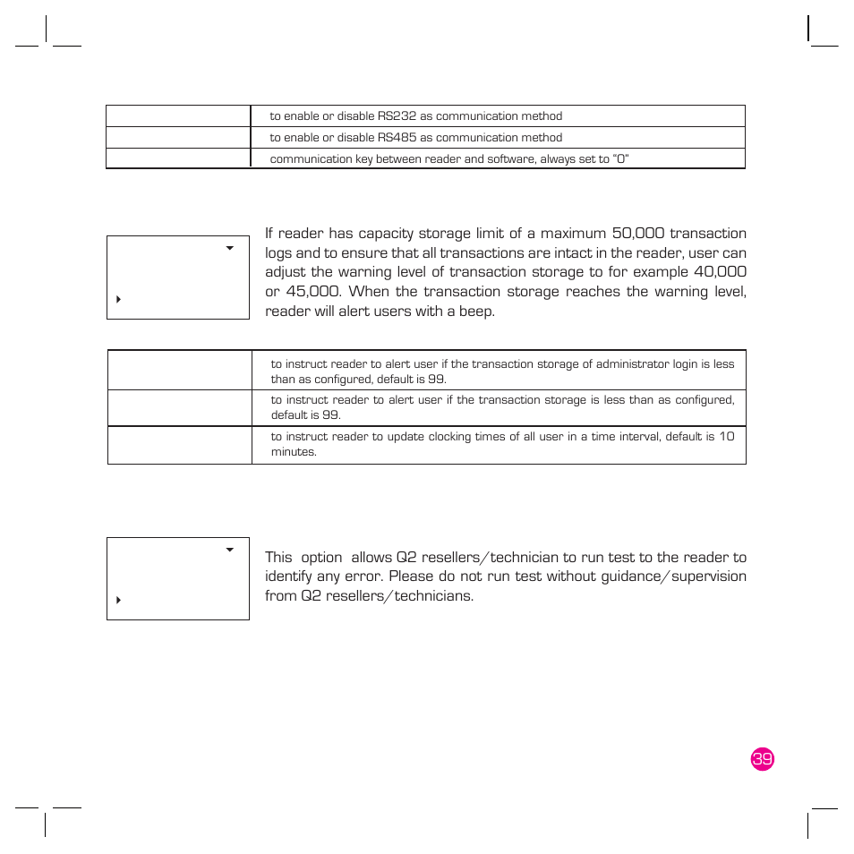 Log option, Auto test | FingerTec Q2 User Manual | Page 40 / 49