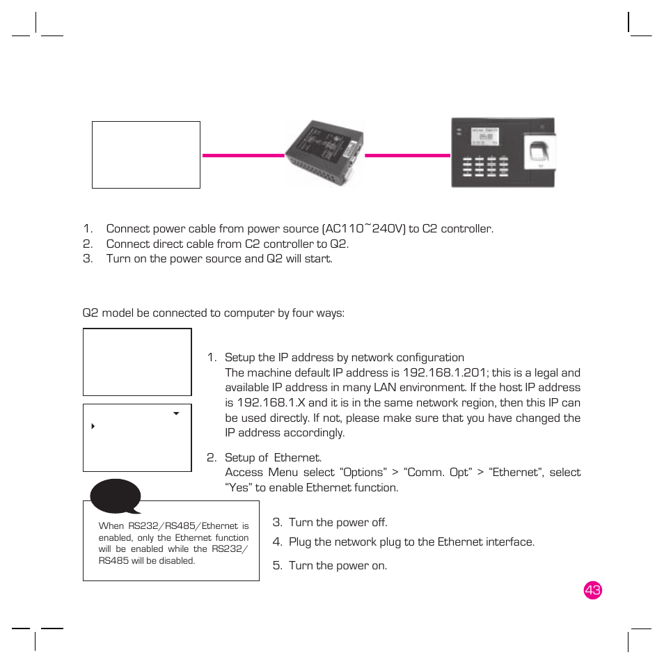 Power supply connection, Communication connection, Tcp/ip connection | FingerTec Q2 User Manual | Page 44 / 49