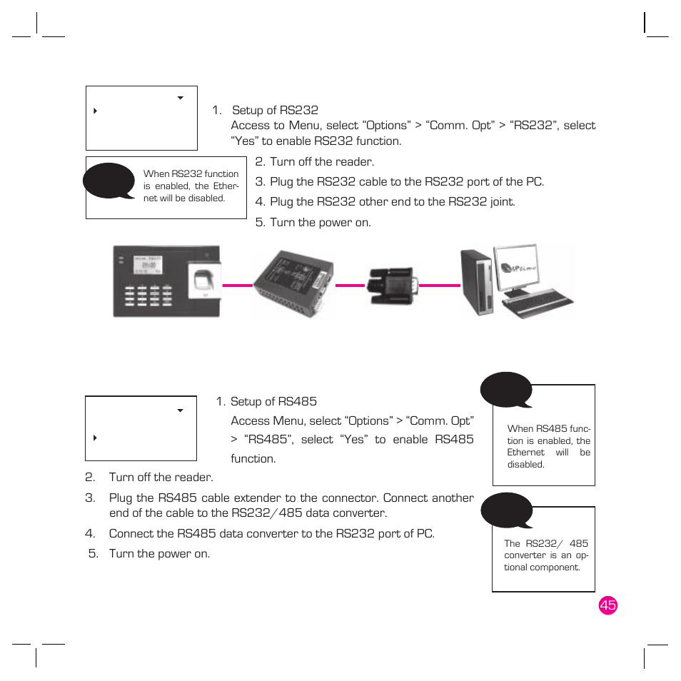 Rs232 connection, Rs485 single connection | FingerTec Q2 User Manual | Page 46 / 49