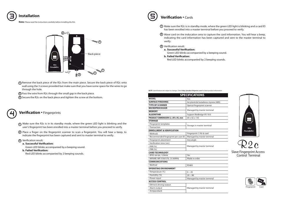 Installation, Verification | FingerTec R2c Manual User Manual | Page 2 / 2