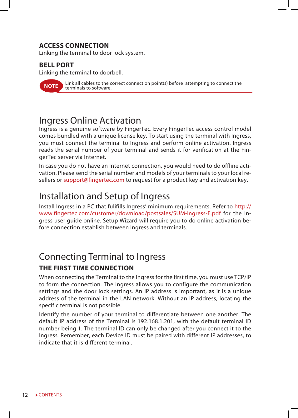 Ingress online activation, Installation and setup of ingress, Connecting terminal to ingress | FingerTec H2i Manual User Manual | Page 12 / 24