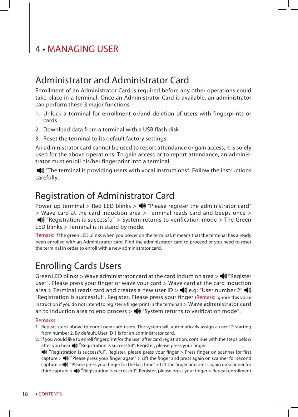 Chapter 4 • managing user, Enrolling administrator card, Registration of administrator card | Enrolling user cards, Verifying card for attendance or access, Deleting card user or fingerprint user, Operations with usb numeric keyboard, Using the ubs numeric keybord, Enrolling, Users | FingerTec H2i Manual User Manual | Page 18 / 24
