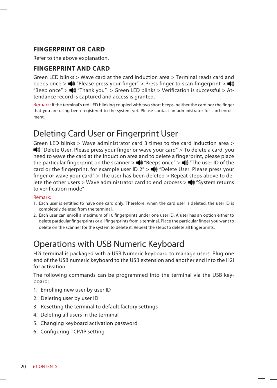 Deleting card user or fingerprint user, Operations with usb numeric keyboard | FingerTec H2i Manual User Manual | Page 20 / 24