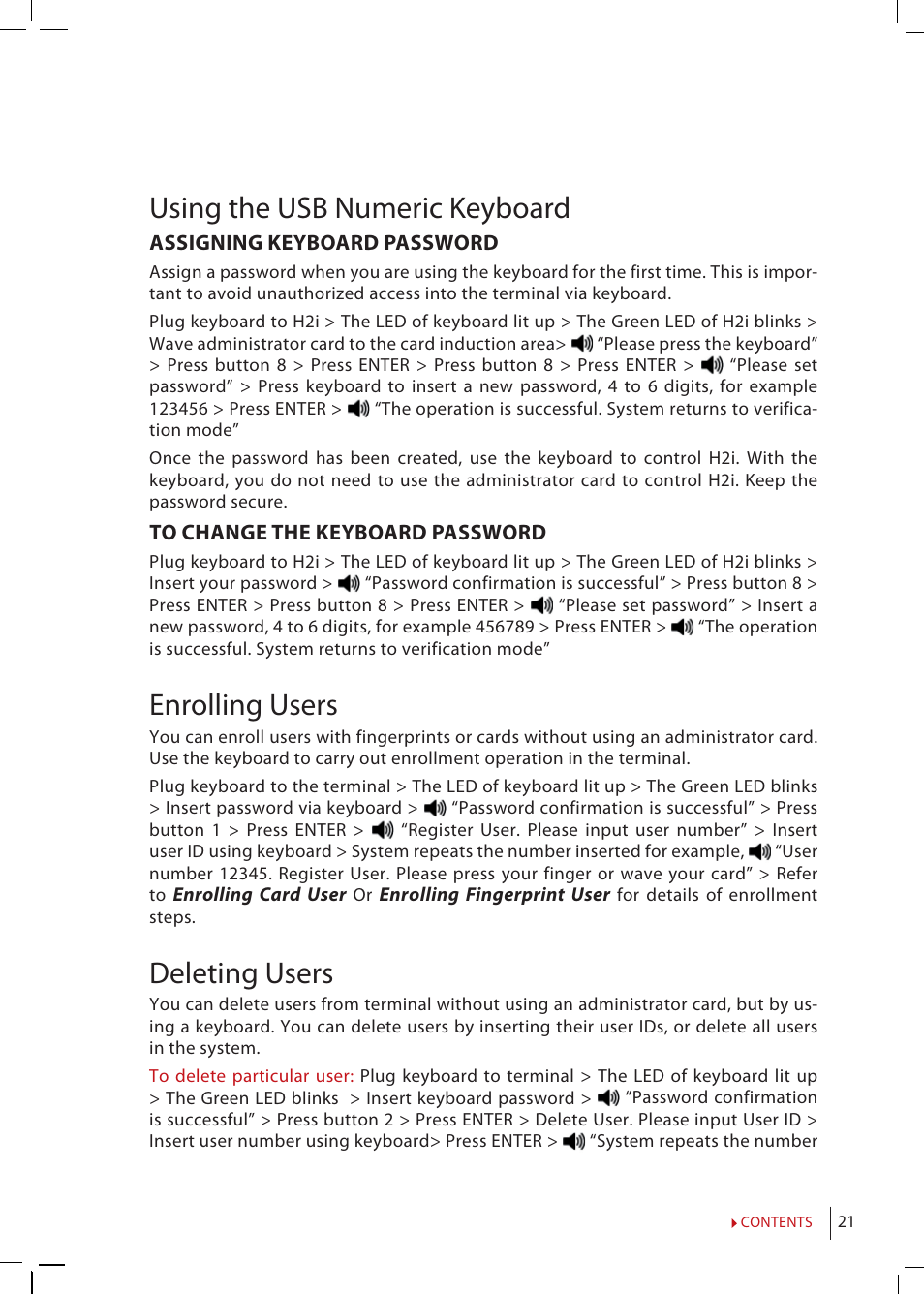 Using the usb numeric keyboard, Enrolling users, Deleting users | FingerTec H2i Manual User Manual | Page 21 / 24