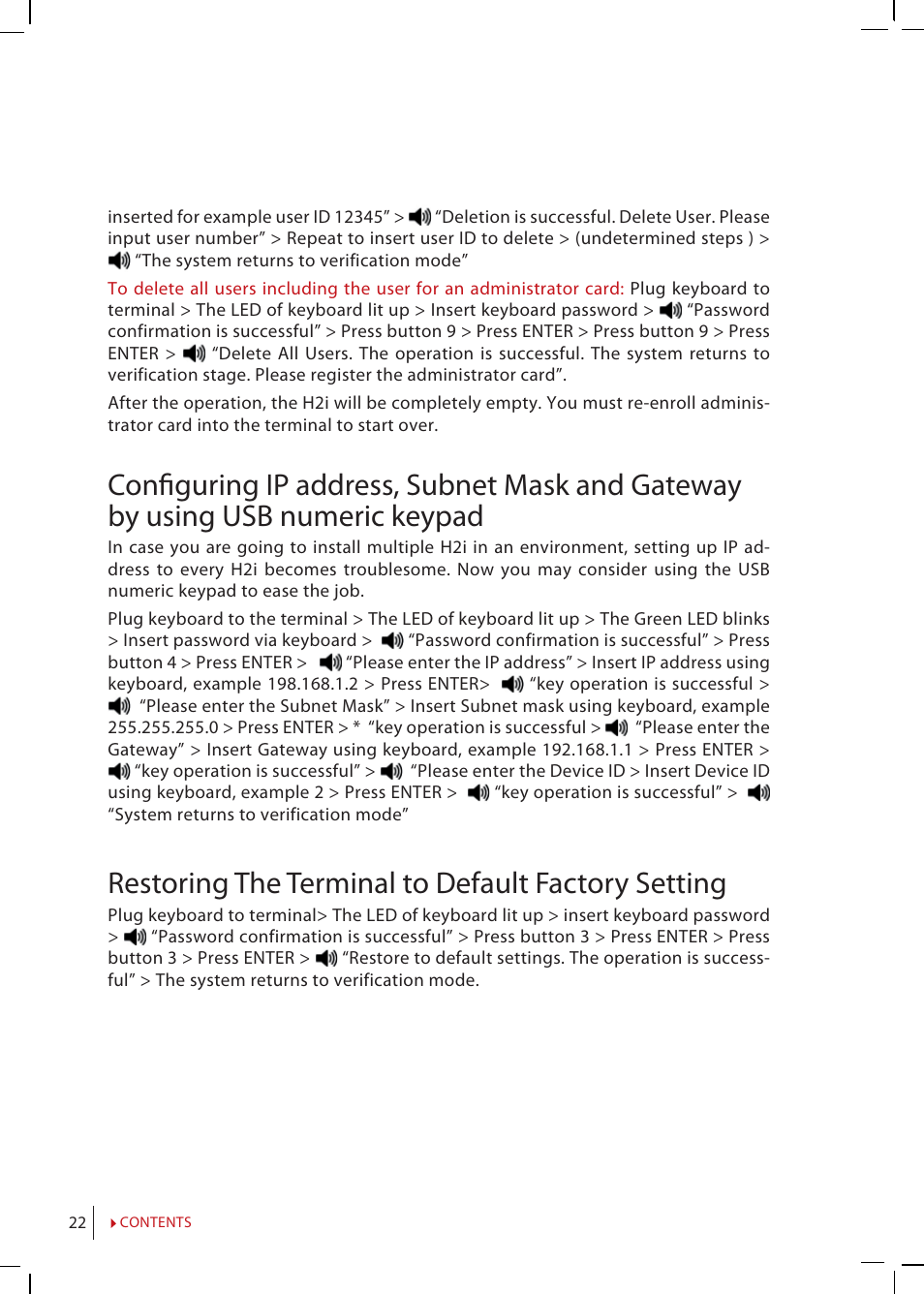 Restoring the terminal to default factory setting | FingerTec H2i Manual User Manual | Page 22 / 24