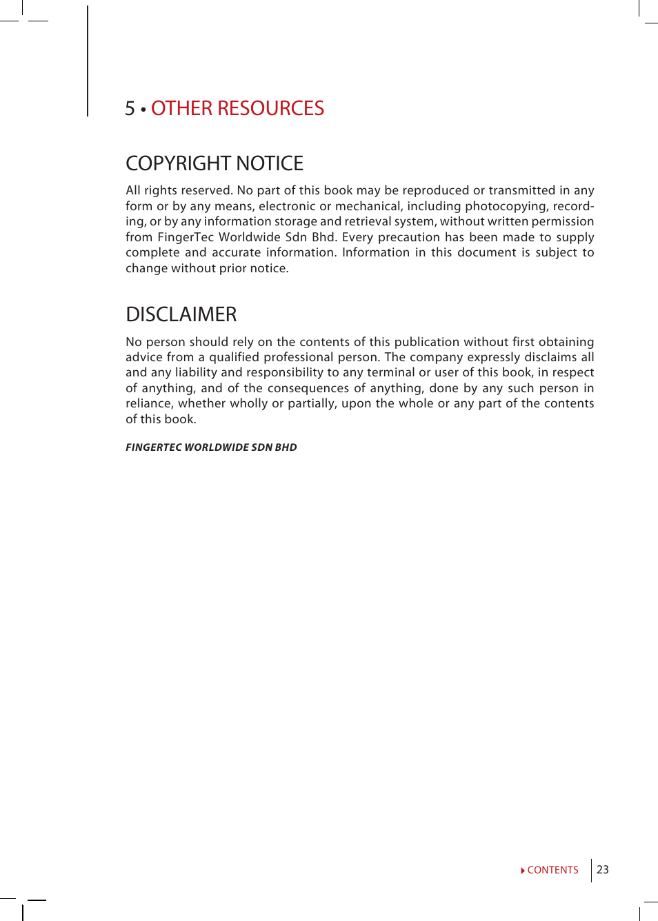 5 • other resources copyright notice, Disclaimer | FingerTec H2i Manual User Manual | Page 23 / 24