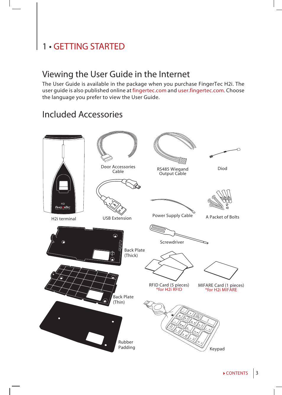 Chapter 1 • getting started, Viewing the user guide in the internet, Included | Accessories, Included printed materials, Activating, Registering, Included accessories | FingerTec H2i Manual User Manual | Page 3 / 24