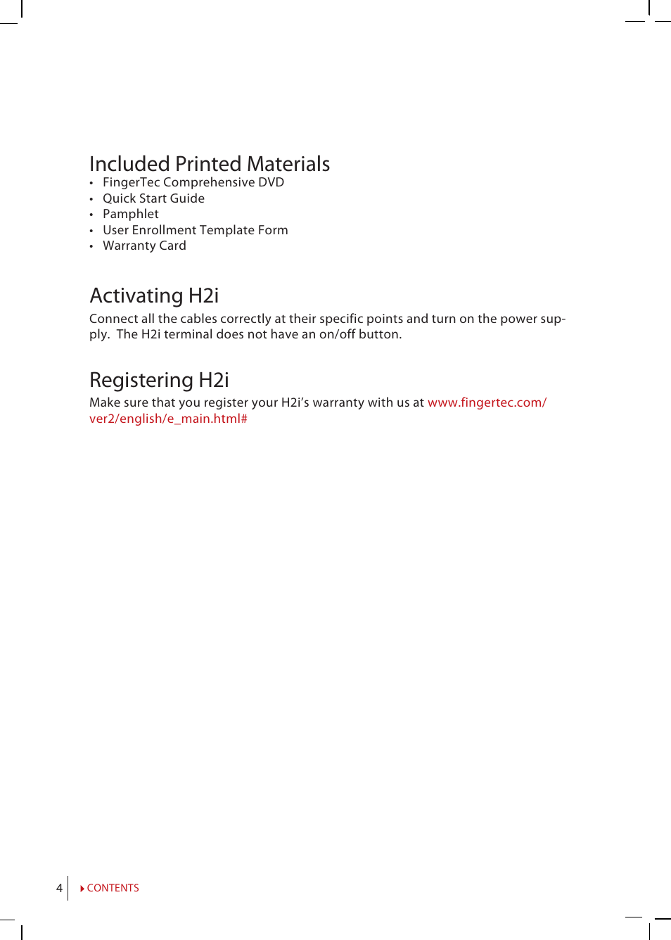 Included printed materials, Activating h2i, Registering h2i | FingerTec H2i Manual User Manual | Page 4 / 24