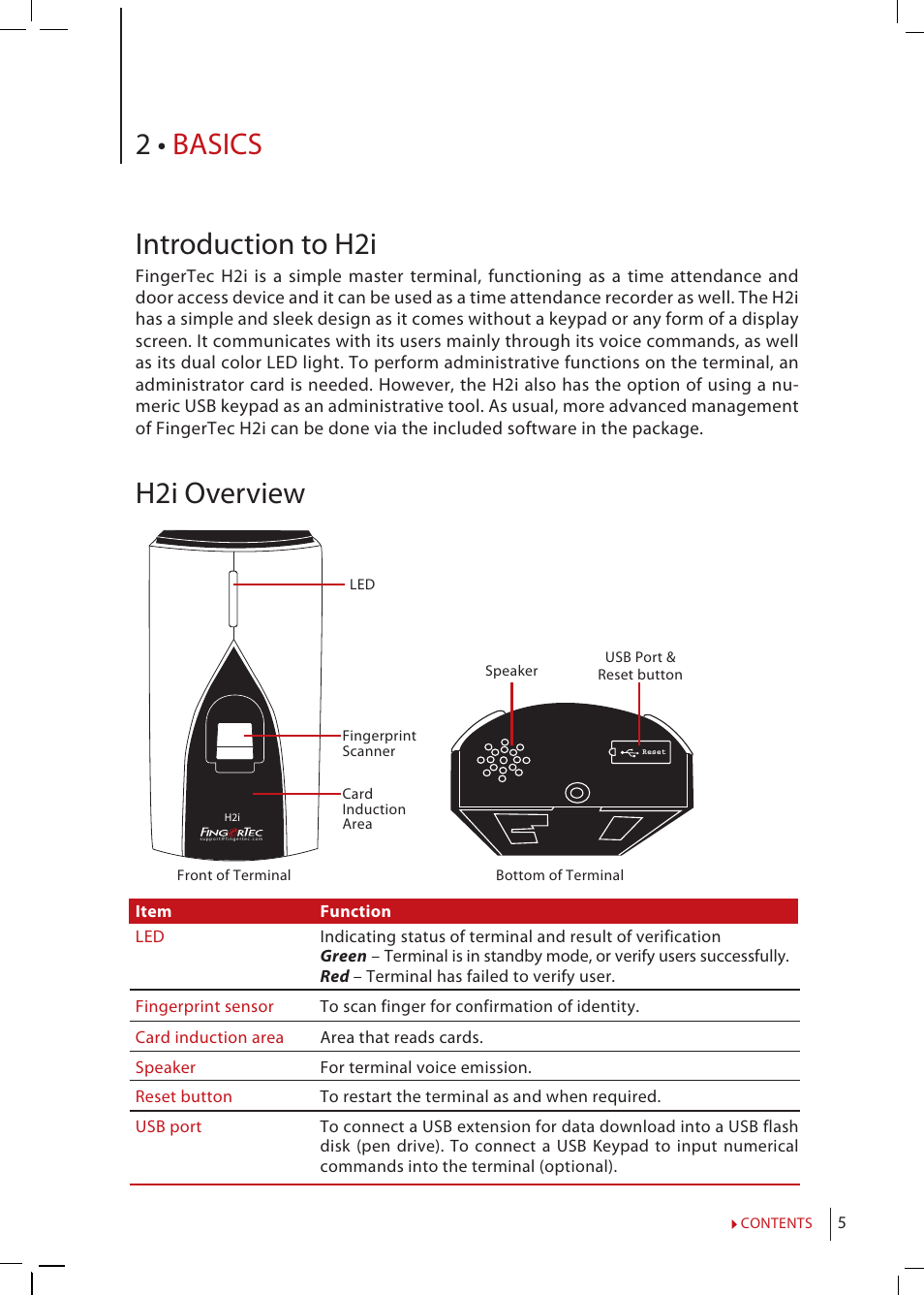 Chapter 2 • basics, Introduction to h2i, Overview | Security, Features, Restarting and resetting h2i, 2 • basics introduction to h2i, H2i overview | FingerTec H2i Manual User Manual | Page 5 / 24