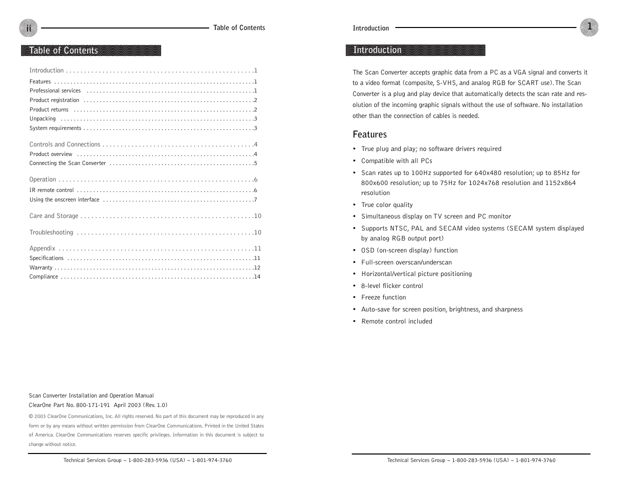Features, Introduction table of contents | ClearOne comm Scan Converter User Manual | Page 2 / 9