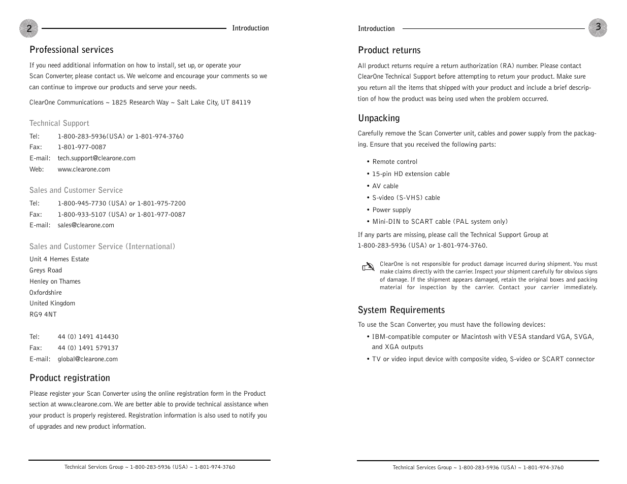 Product returns, Unpacking, System requirements | Professional services, Product registration | ClearOne comm Scan Converter User Manual | Page 3 / 9