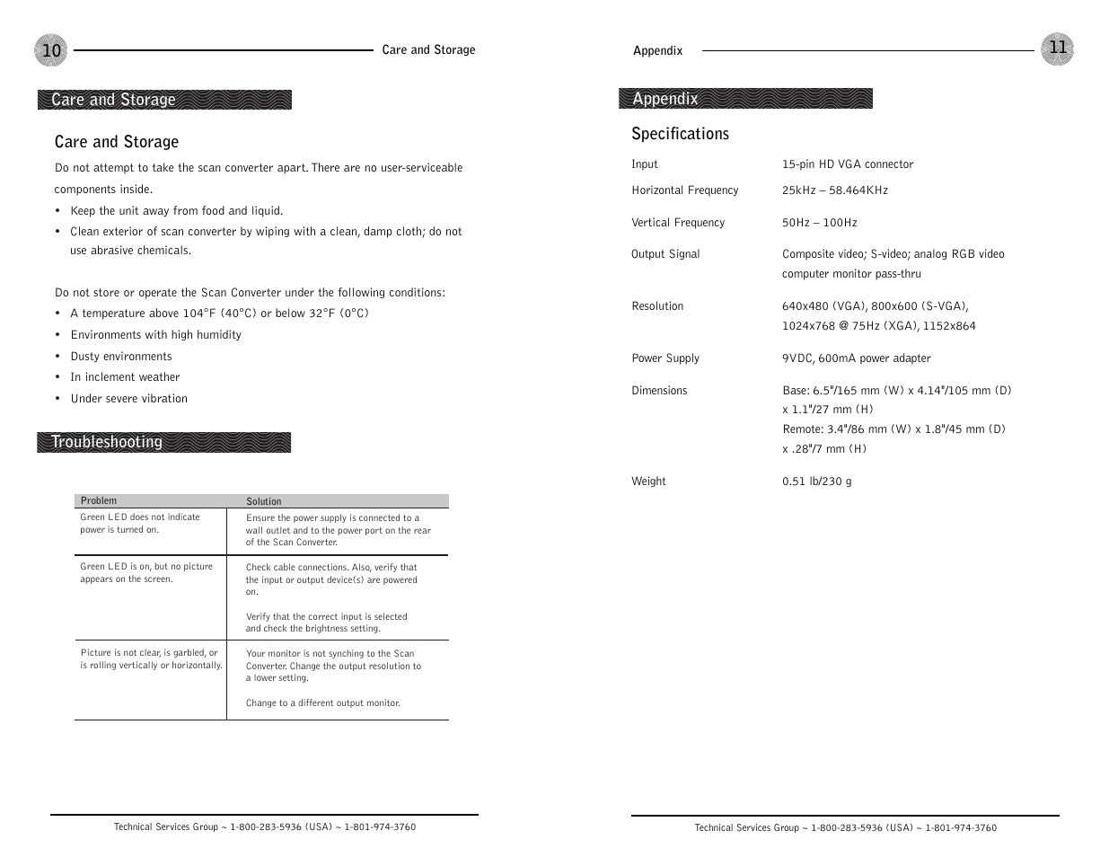 Specifications, Appendix care and storage, Care and storage troubleshooting | ClearOne comm Scan Converter User Manual | Page 7 / 9