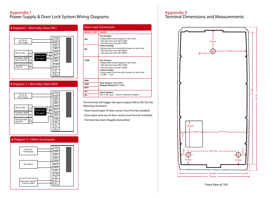 Front view of h2i door lock connectors | FingerTec H2i Installation Guide User Manual | Page 3 / 3