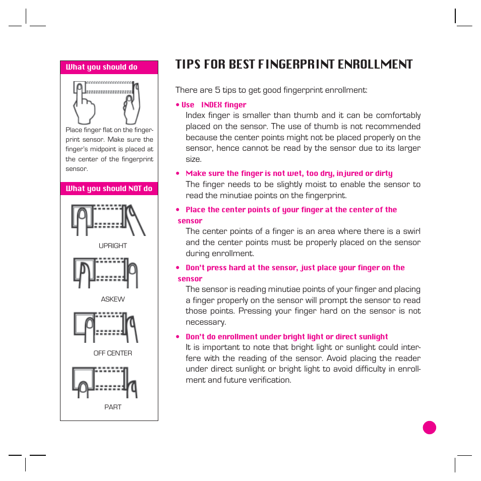 Tips for best fingerprint enrollment | FingerTec AC800 Plus MC User Manual | Page 12 / 63