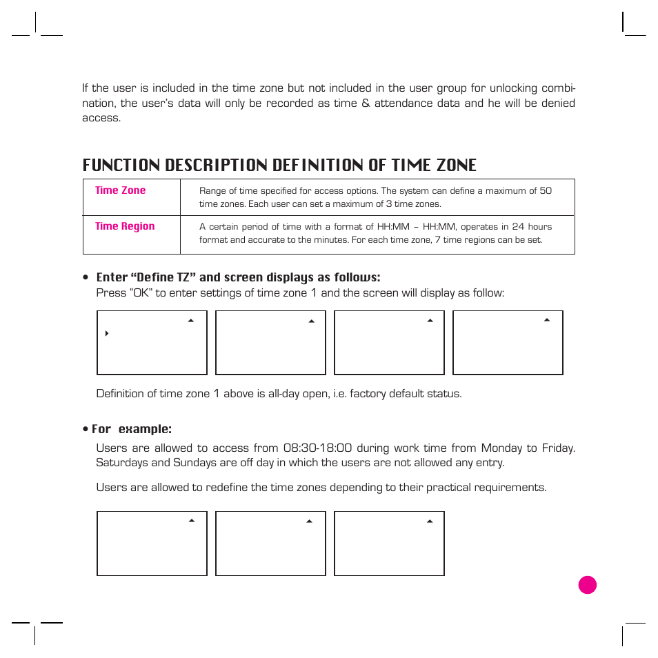 Function description definition of time zone | FingerTec AC800 Plus MC User Manual | Page 24 / 63