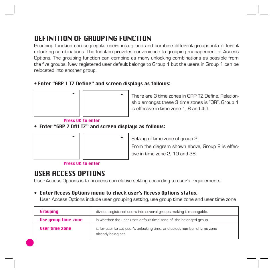 Definition of grouping function, User access options | FingerTec AC800 Plus MC User Manual | Page 25 / 63