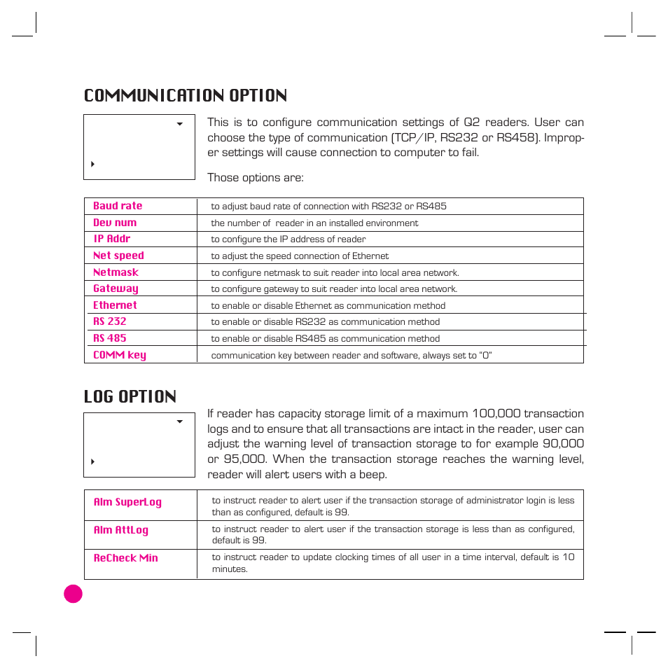 Communication option, Log option | FingerTec AC800 Plus MC User Manual | Page 31 / 63