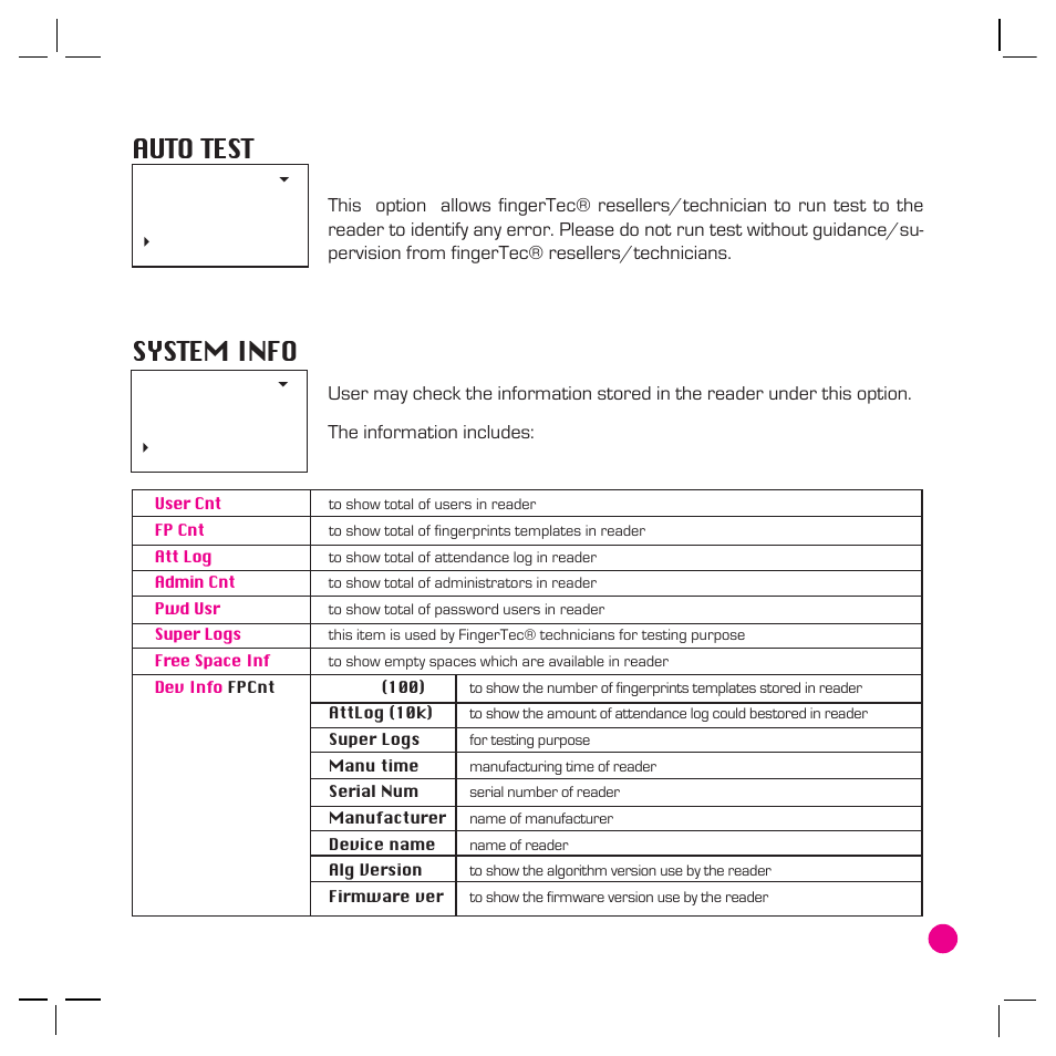 Auto test, System info | FingerTec AC800 Plus MC User Manual | Page 32 / 63