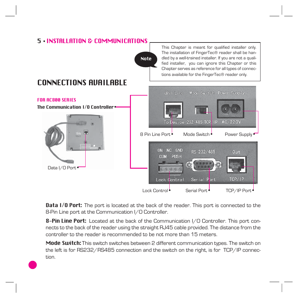 Installation & communications 34-44, For fingertec installer), Connections available | Startup and shutdown, Communication connection door lock connection | FingerTec AC800 Plus MC User Manual | Page 33 / 63