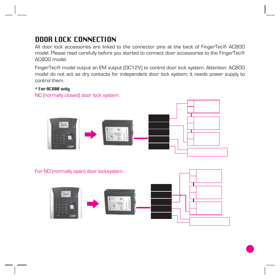 Door lock connection | FingerTec AC800 Plus MC User Manual | Page 42 / 63
