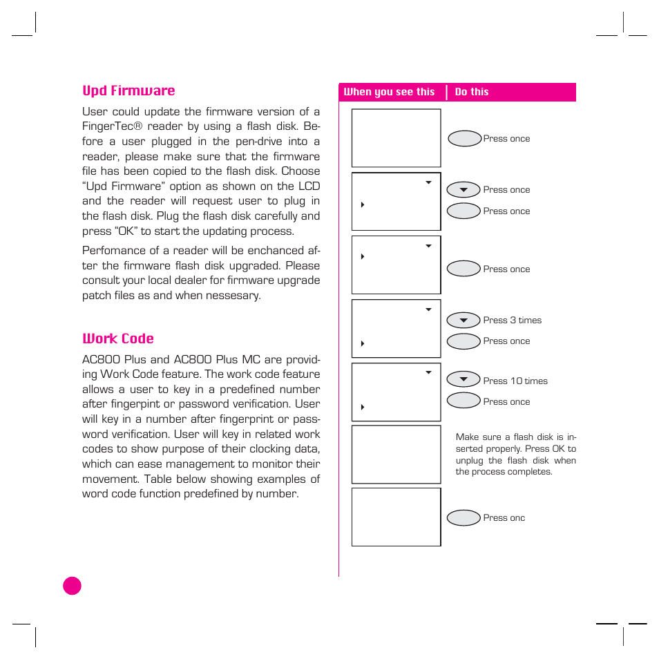 Upd firmware, Work code | FingerTec AC800 Plus MC User Manual | Page 45 / 63