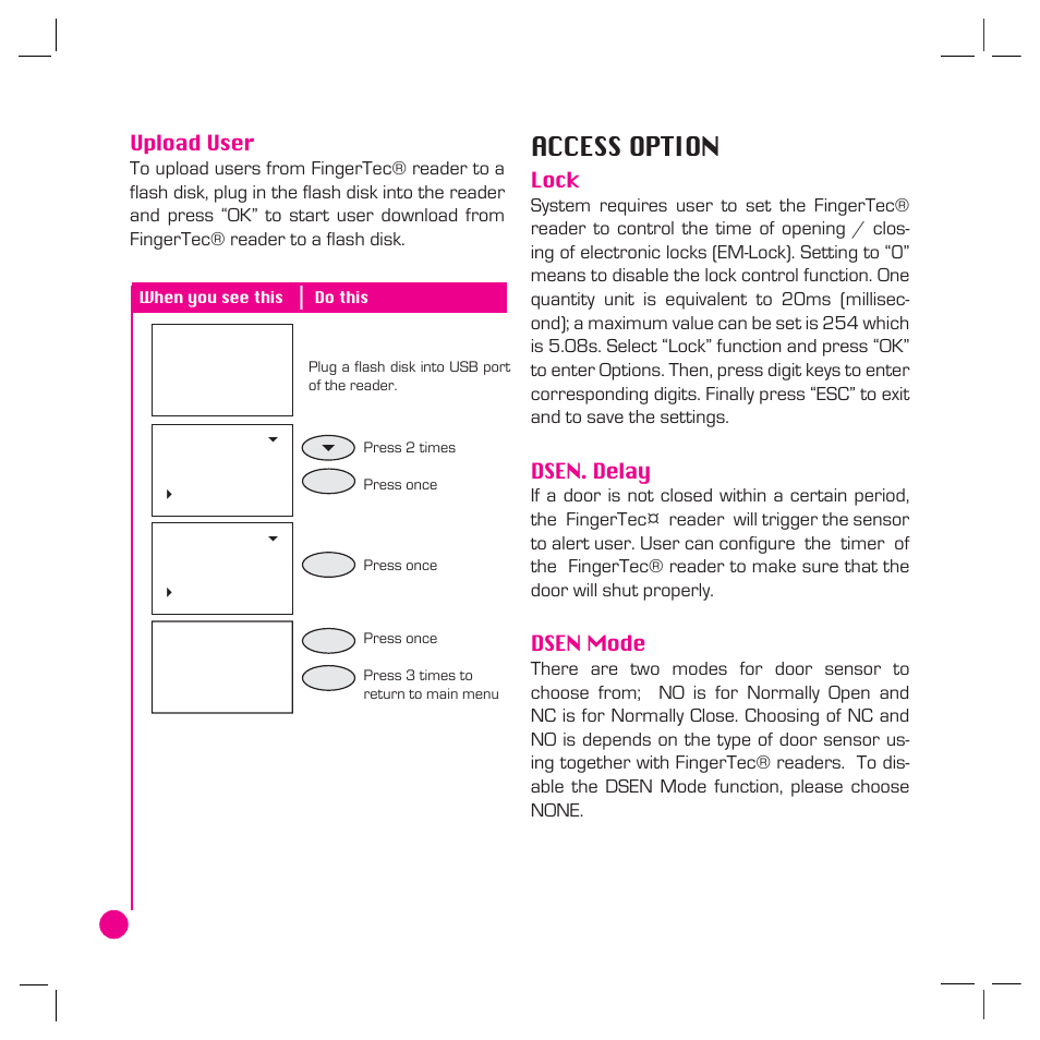 Access option, Upload user, Lock | Dsen. delay, Dsen mode | FingerTec AC800 Plus MC User Manual | Page 49 / 63