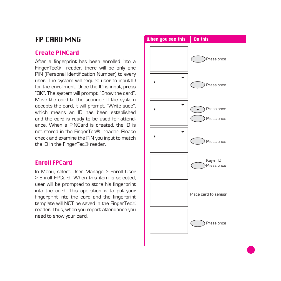 Fp card mng, Create pincard, Enroll fpcard | FingerTec AC800 Plus MC User Manual | Page 54 / 63