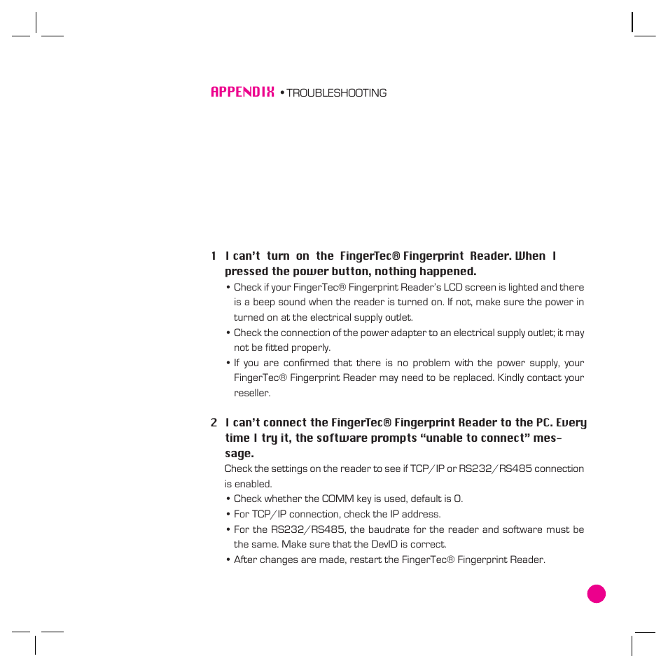 Appendix, Troubleshooting 61-64 | FingerTec AC800 Plus MC User Manual | Page 60 / 63