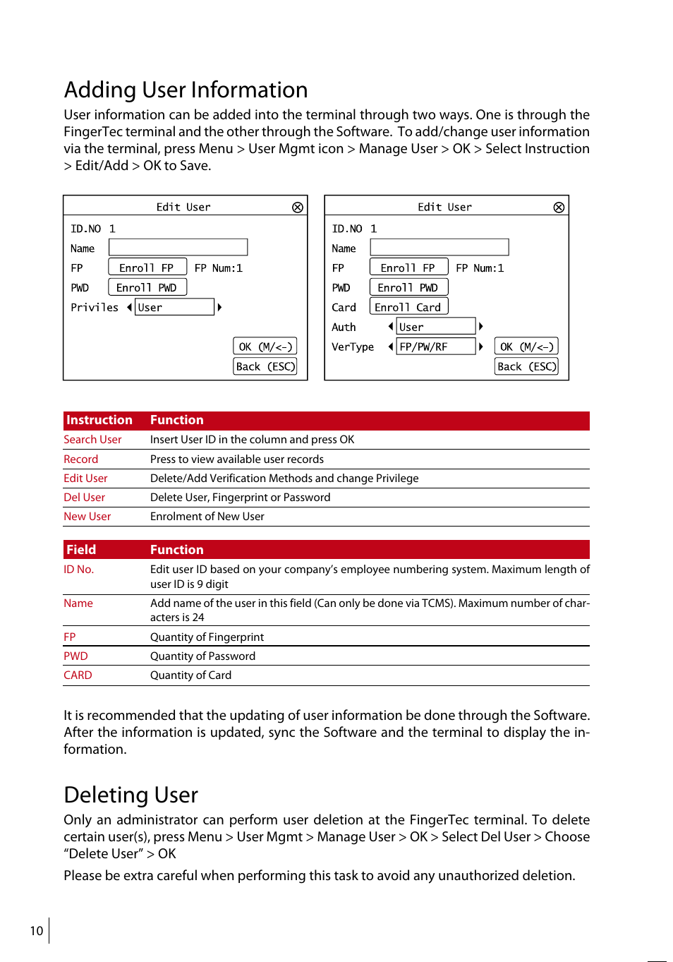 Adding user information, Deleting user | FingerTec R3 Manual User Manual | Page 10 / 28