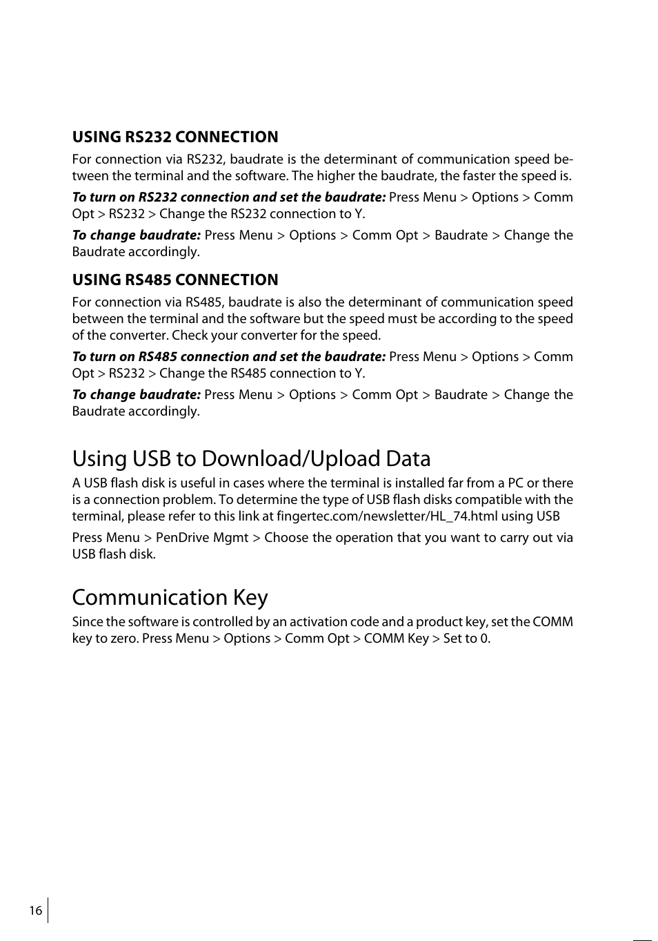 Using usb to download/upload data, Communication key | FingerTec R3 Manual User Manual | Page 16 / 28