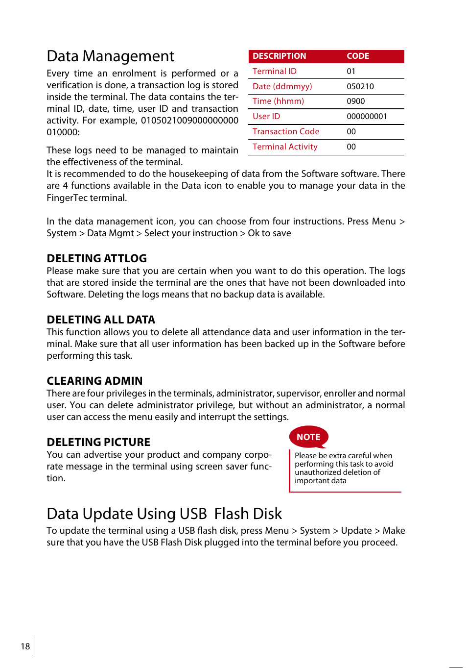 Data management, Data update using usb flash disk, Deleting attlog | Deleting all data, Clearing admin, Deleting picture | FingerTec R3 Manual User Manual | Page 18 / 28