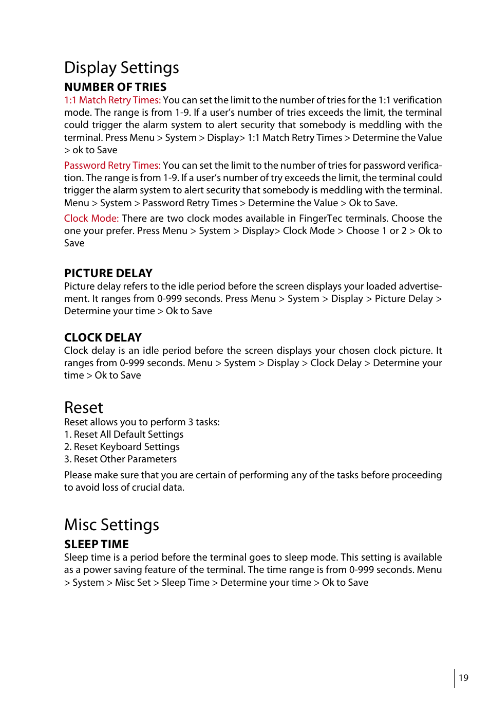 Display settings, Reset, Misc settings | FingerTec R3 Manual User Manual | Page 19 / 28