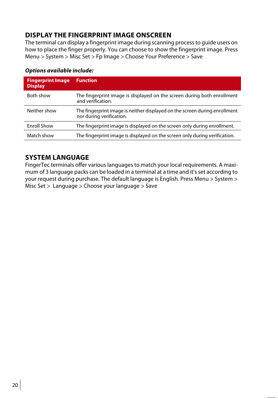 Display the fingerprint image onscreen, System language | FingerTec R3 Manual User Manual | Page 20 / 28