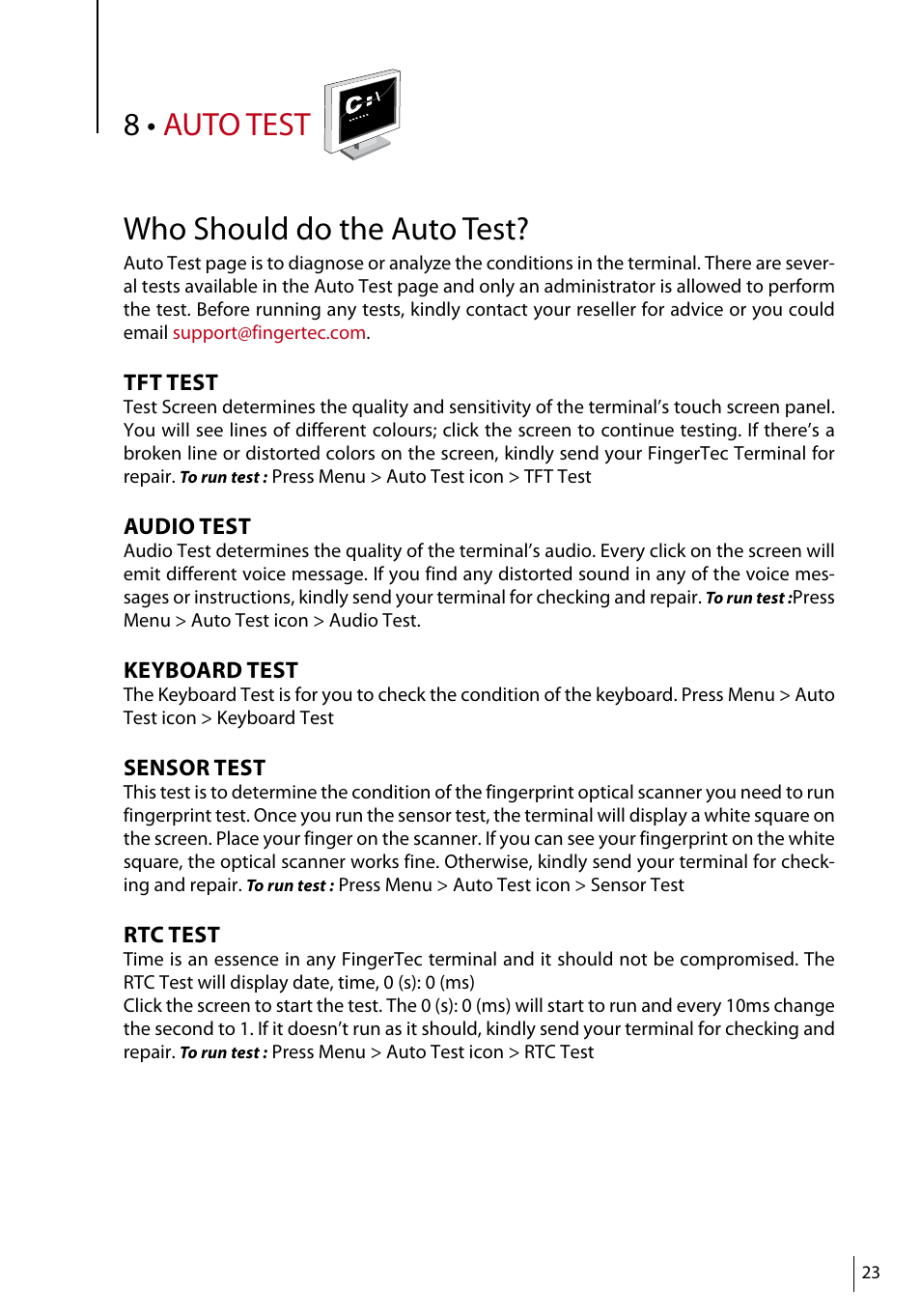 8 • auto test who should do the auto test | FingerTec R3 Manual User Manual | Page 23 / 28