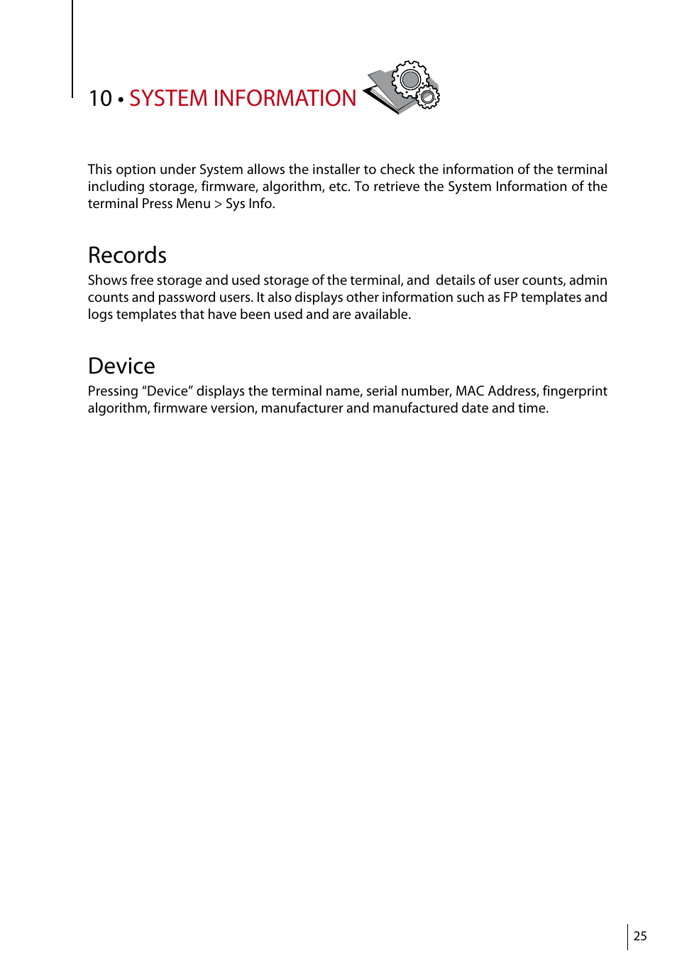 10 • system information, Records, Device | FingerTec R3 Manual User Manual | Page 25 / 28