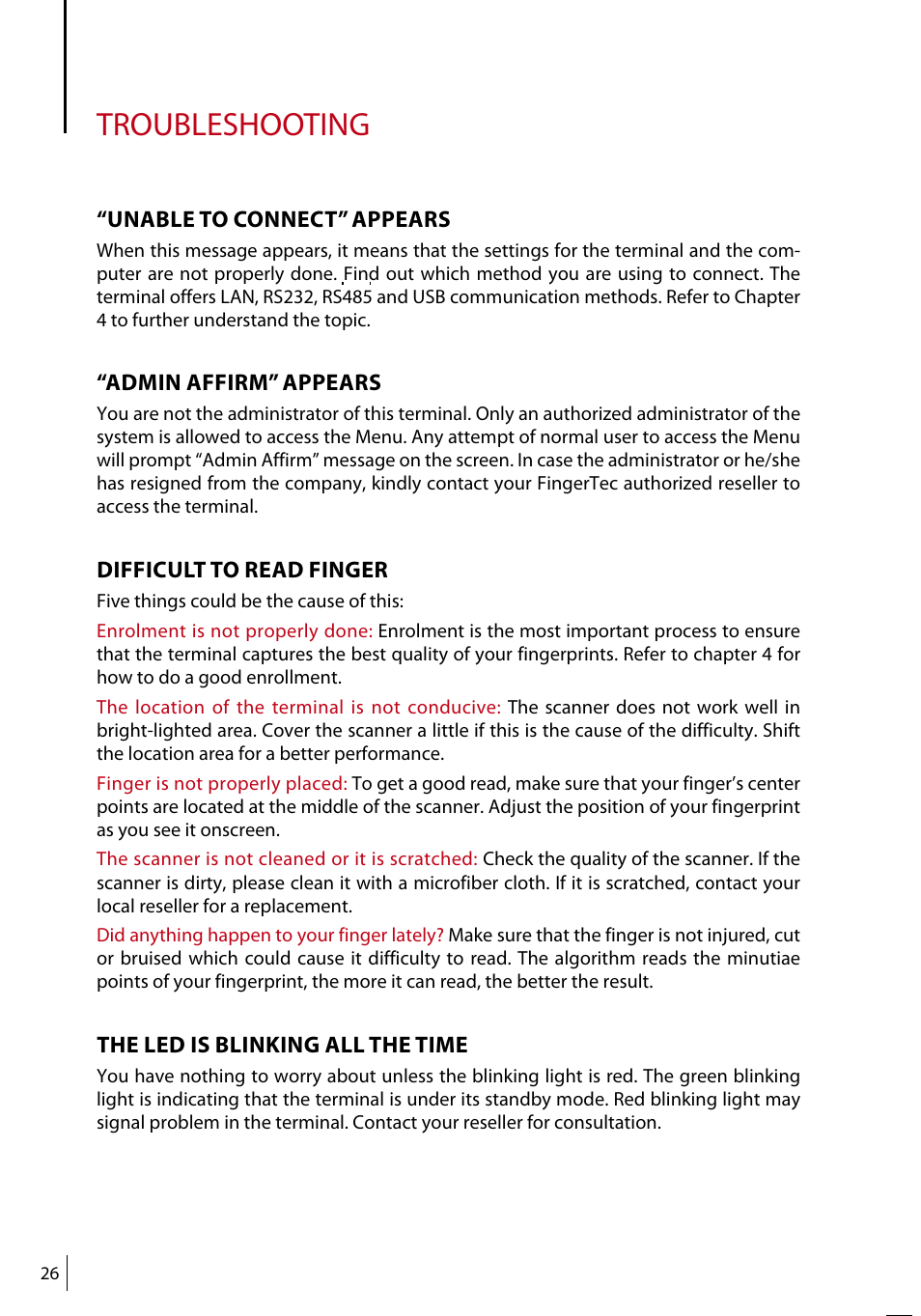 Troubleshooting | FingerTec R3 Manual User Manual | Page 26 / 28