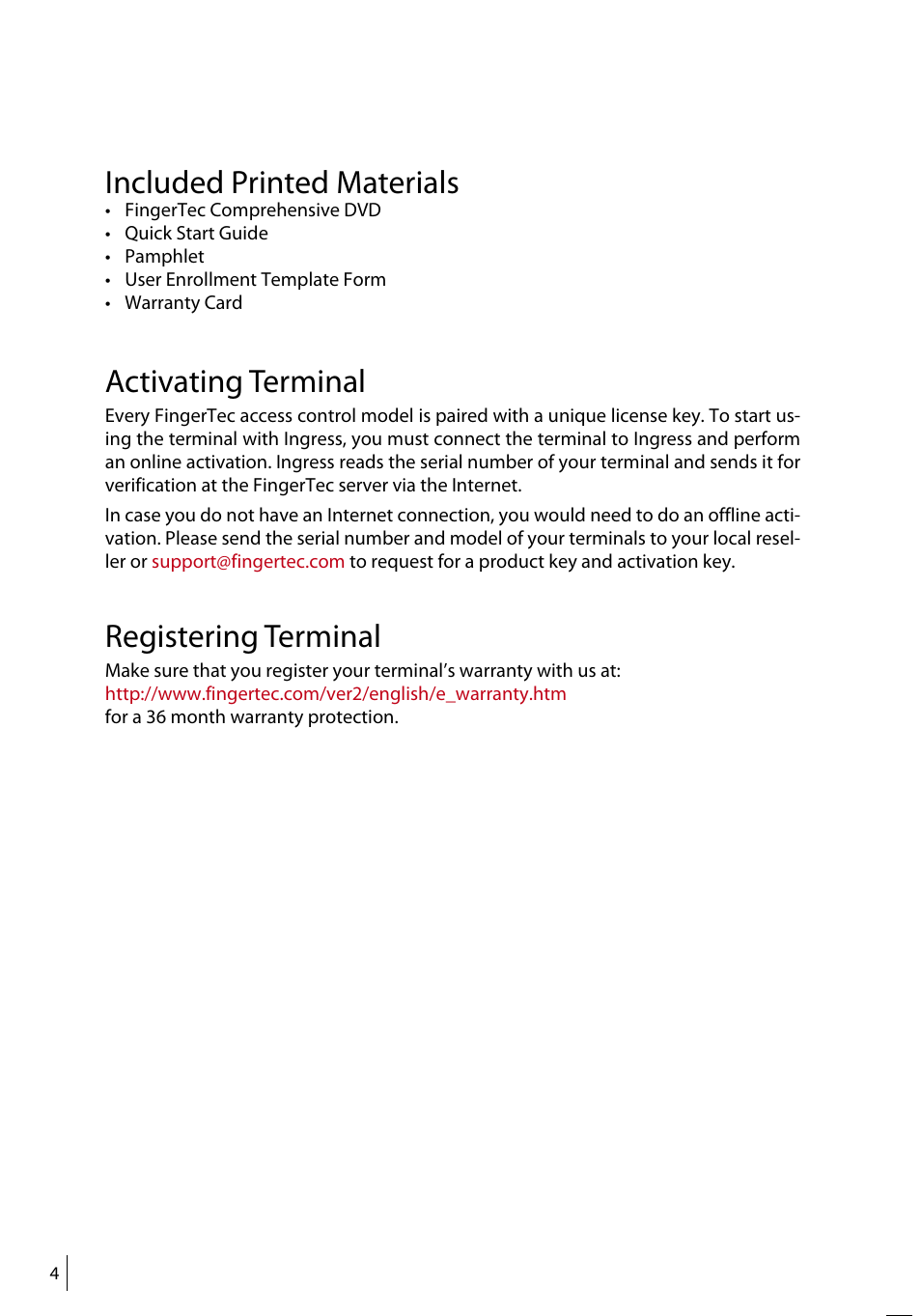 Included printed materials, Activating terminal, Registering terminal | FingerTec R3 Manual User Manual | Page 4 / 28