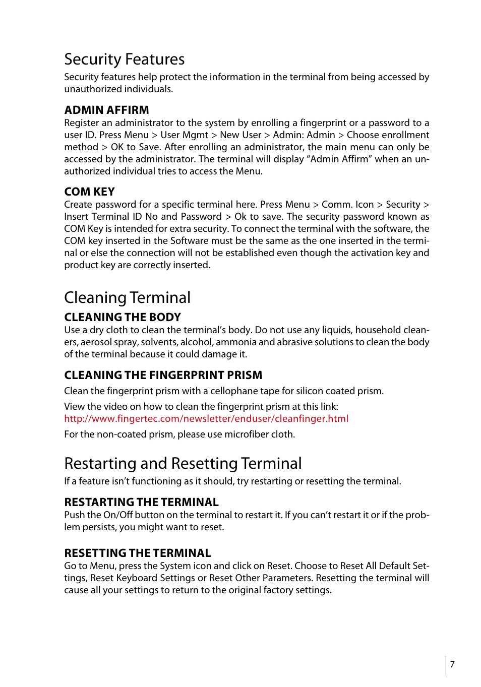 Security features, Cleaning terminal, Restarting and resetting terminal | FingerTec R3 Manual User Manual | Page 7 / 28