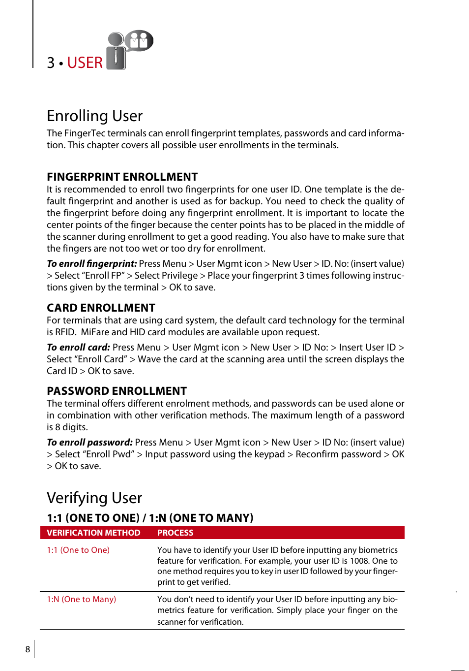 User enrolling user, Verifying user | FingerTec R3 Manual User Manual | Page 8 / 28