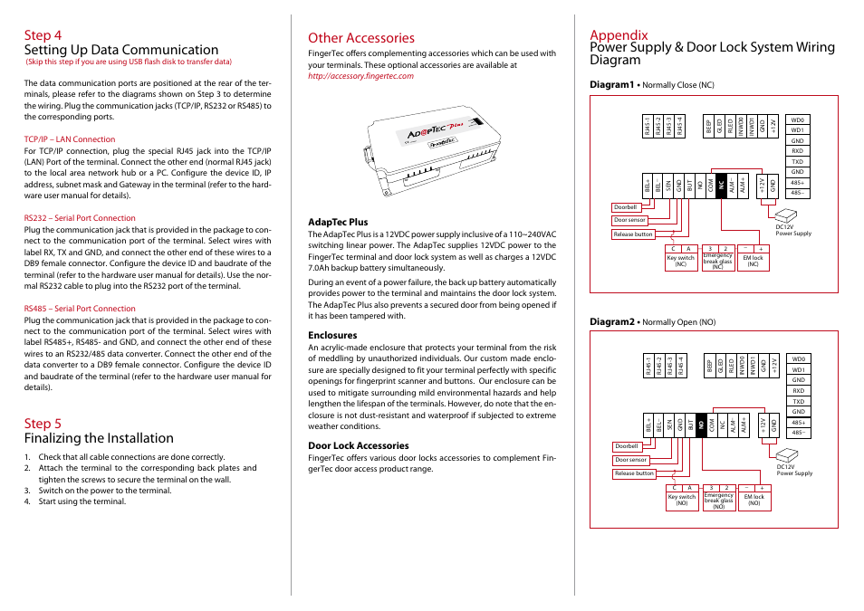 Step 4 setting up data communication, Step 5 finalizing the installation, Other accessories | Diagram1, Diagram2, Adaptec plus, Enclosures, Door lock accessories | FingerTec R3 Installation Guide User Manual | Page 2 / 3