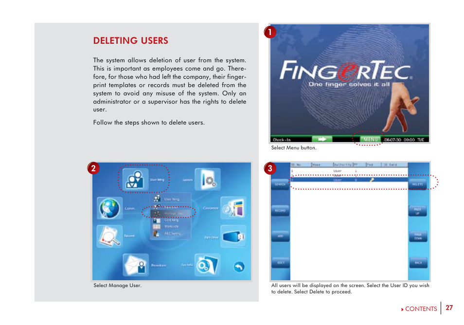 Deleting users | FingerTec i-Kiosk 100 Plus Manual User Manual | Page 27 / 97