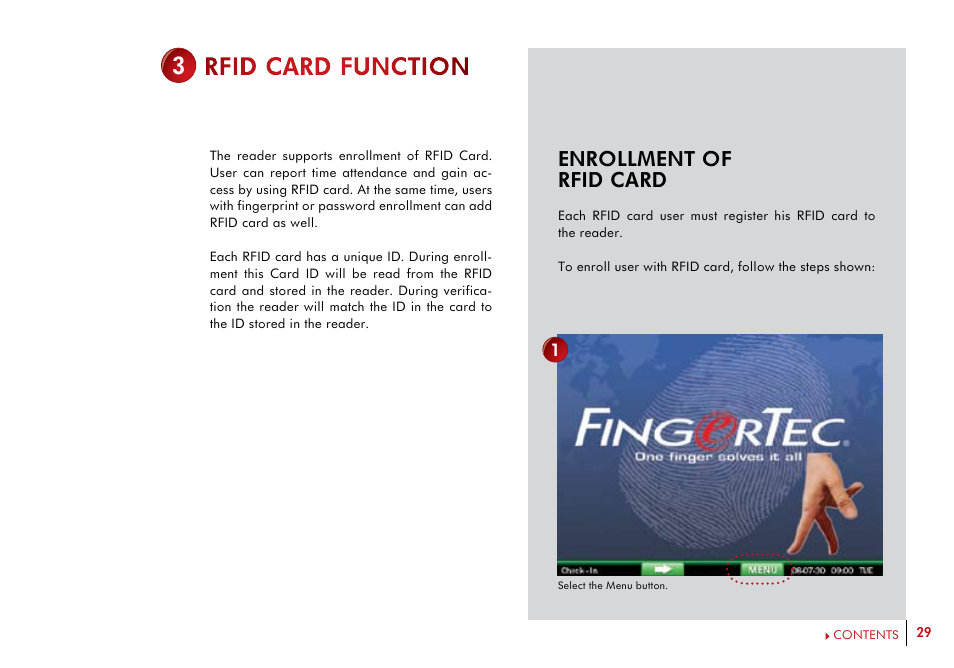 Rfid card function, Enrollment of rfid card | FingerTec i-Kiosk 100 Plus Manual User Manual | Page 29 / 97