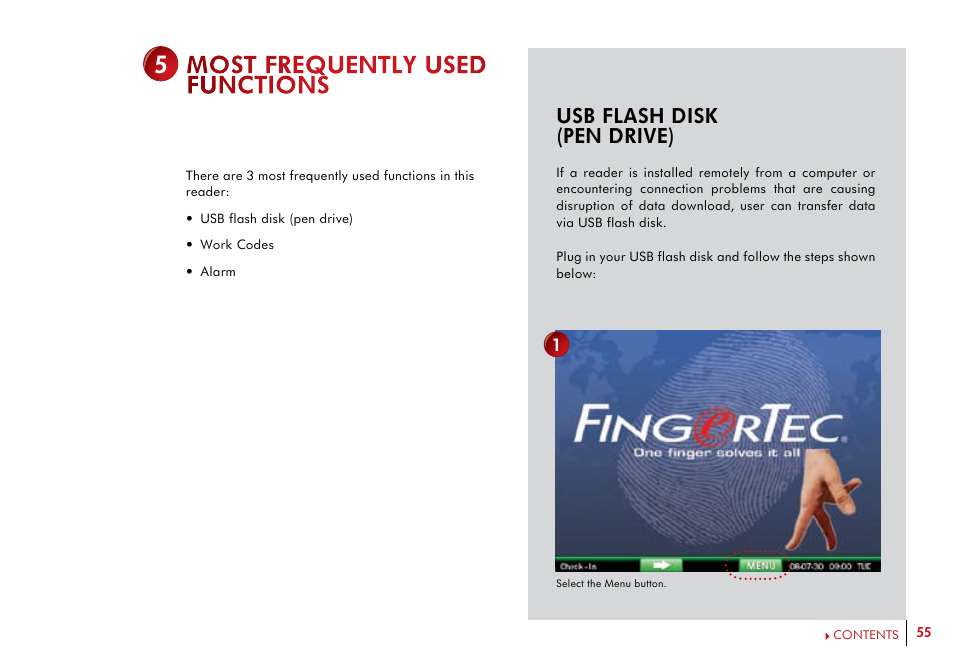 Most frequently used functions, Usb flash disk (pen drive), Work codes | Preset schedule bell (alarm), Broadcast (short messages display), Capture photo users, T9 input method | FingerTec i-Kiosk 100 Plus Manual User Manual | Page 55 / 97